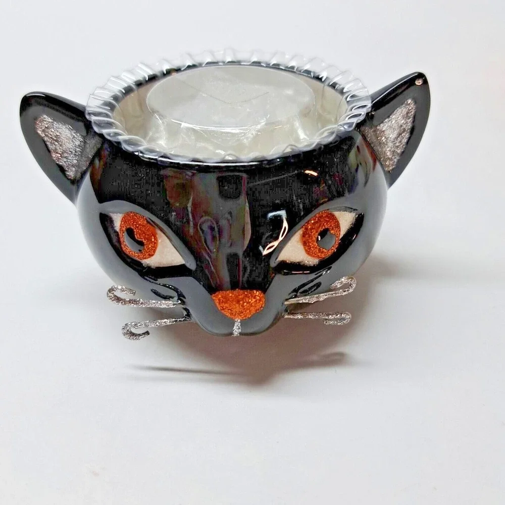 Halloween Ceramic Stackable Tea Light Candle Holders Pumpkin Black Cat Skull 3pc